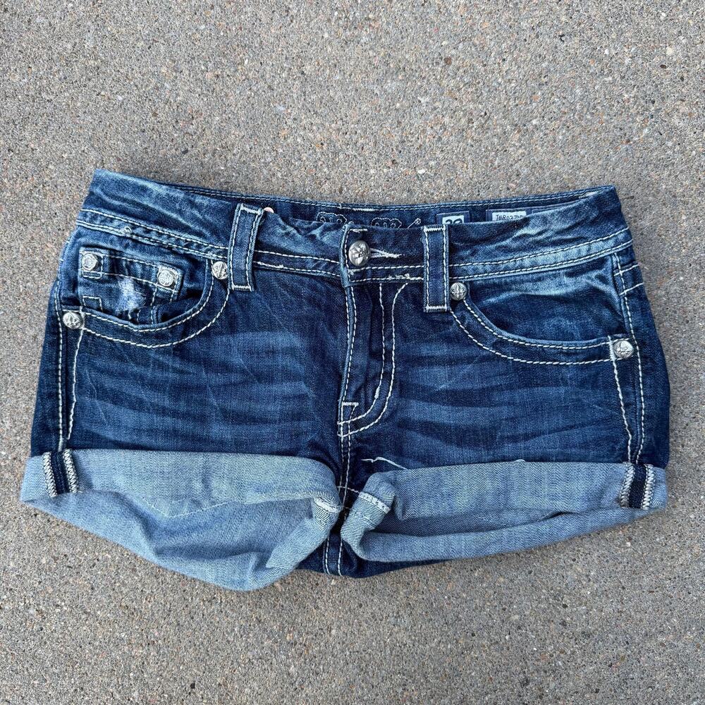 Y2K Miss Me Cutoff Roll Hem Bling Blue Jean Shorts Size 29 Upcycled READ